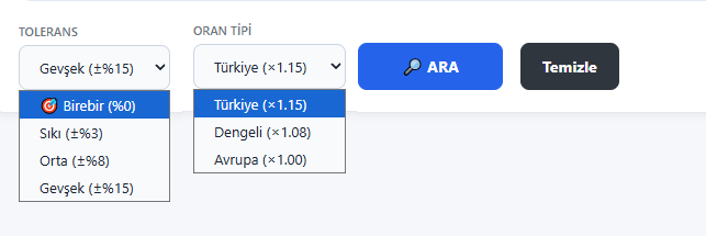 Tolerans seçimi ekran görüntüsü